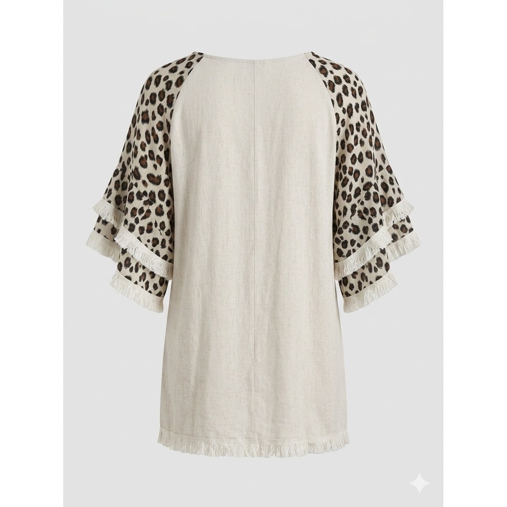 Umgee Leopard Print Ruffle Sleeve Linen Blend Tunic Top Oatmeal Large - Picture 6 of 6